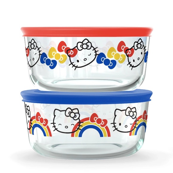 PYREX HELLO KITTY 4 CUP ROUND GLASS STORAGE CONTAINERS - Picture 1 of 5
